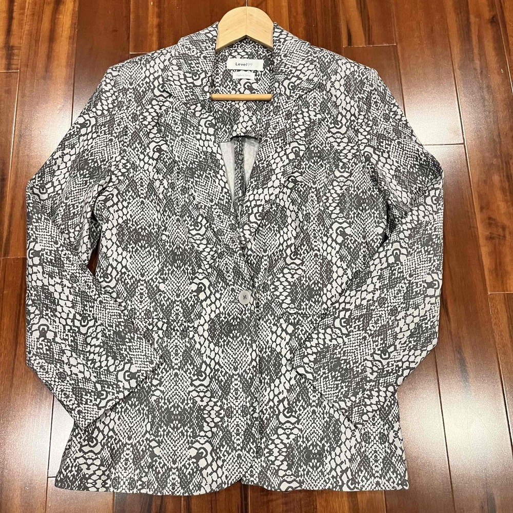 Level99 Gray Blazer Jacket Snake Print Linen Lyocell Shoulder Pads Pattern‎ Sz M